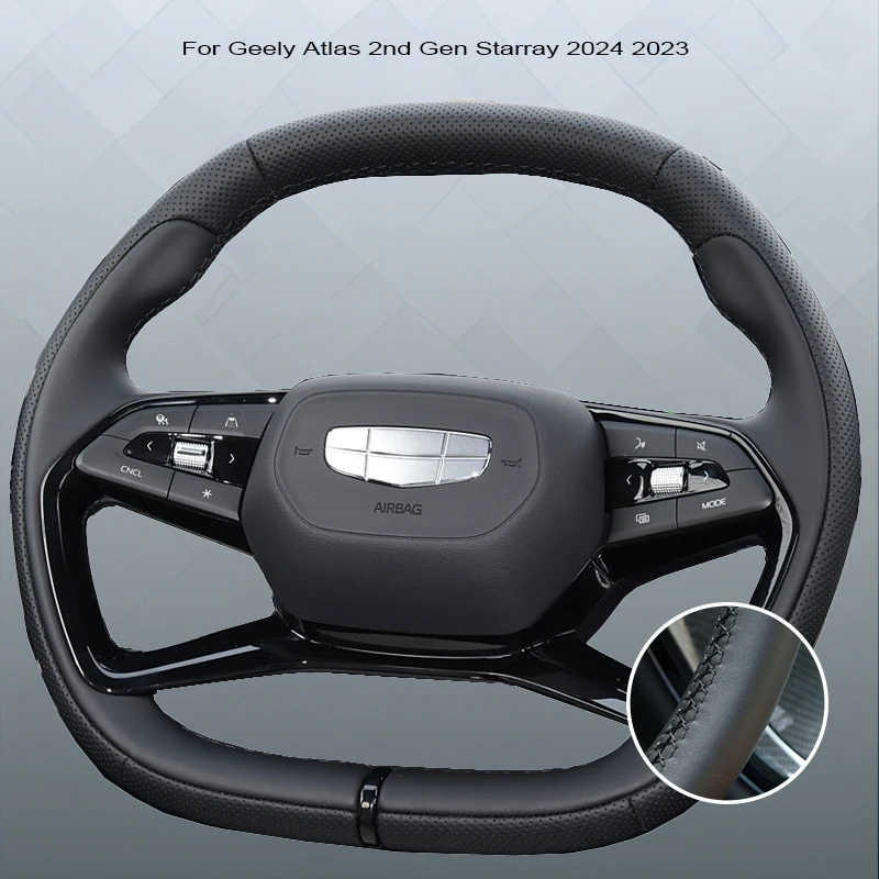 Black Microfibre Leather Car Steering Wheel Cover For Geely Atlas 2nd Gen Starray 2024 2023 Custom DIY Auto Steering Wheel Case