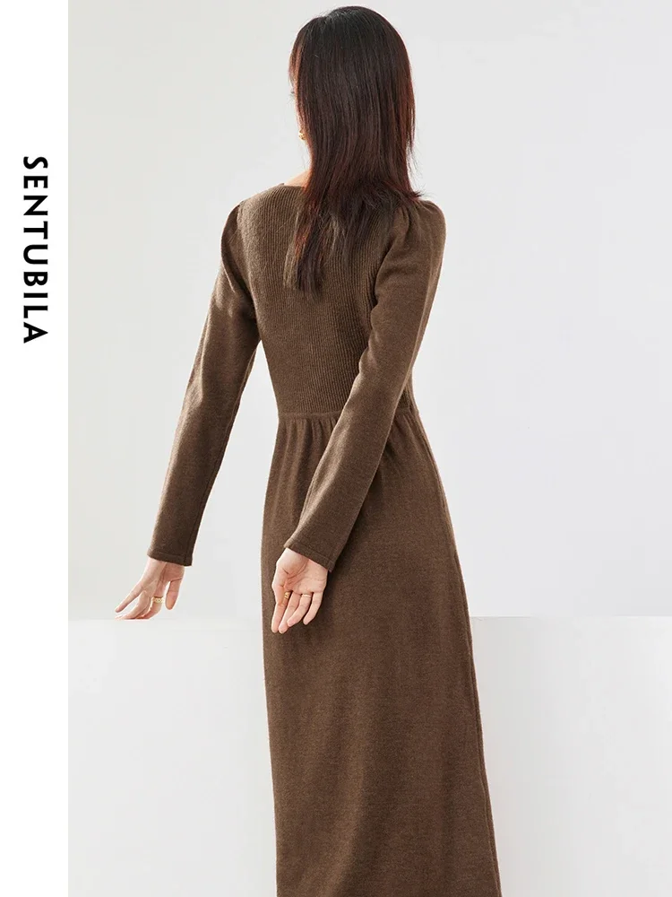 SENTUBILA Women Coffee Midi Knitted Dress 2024 Woman Knitwear Long Sleeve Fitted Long Dreeses Female Autumn Clothing W44L58522X