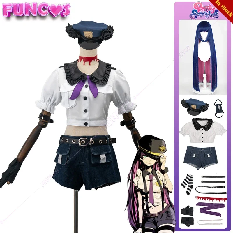 Panty & Stocking with Garterbelt Stocking Anarchy Cosplay Costume Police Uniform Long Wig Hat with Flower Shorts Belts Gloves