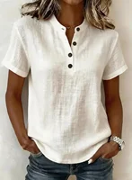 Women Casual Short Sleeve Linen Blend Top Henley Neck Button Front Relaxed Fit Blouse Summer
