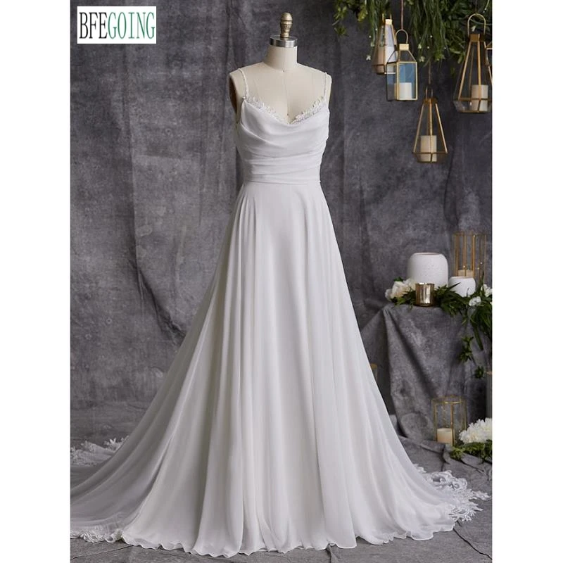 Simple Ivory Satin Chiffon A-Line Wedding Dresses Chapel Train Custom Made Floor-Length V-Neck Appliques  Bridal Gowns