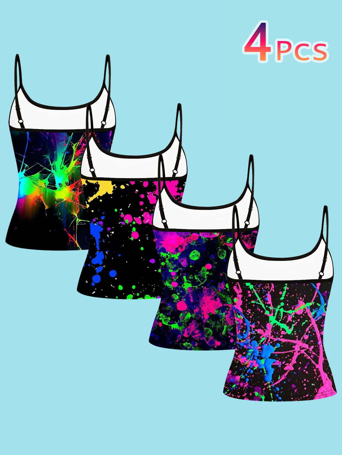 4-Piece Set of Women's Spaghetti Strap Camisoles with Black Base and Fluorescent Paint Splatter Graffiti Art Print, Slim Fit Sleeveless Tops