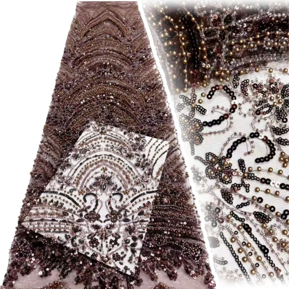 

Brown French Tulle Sequins Lace Fabric Embroidery African Luxury Beaded African Mesh Lace for Women Party Dress 2012