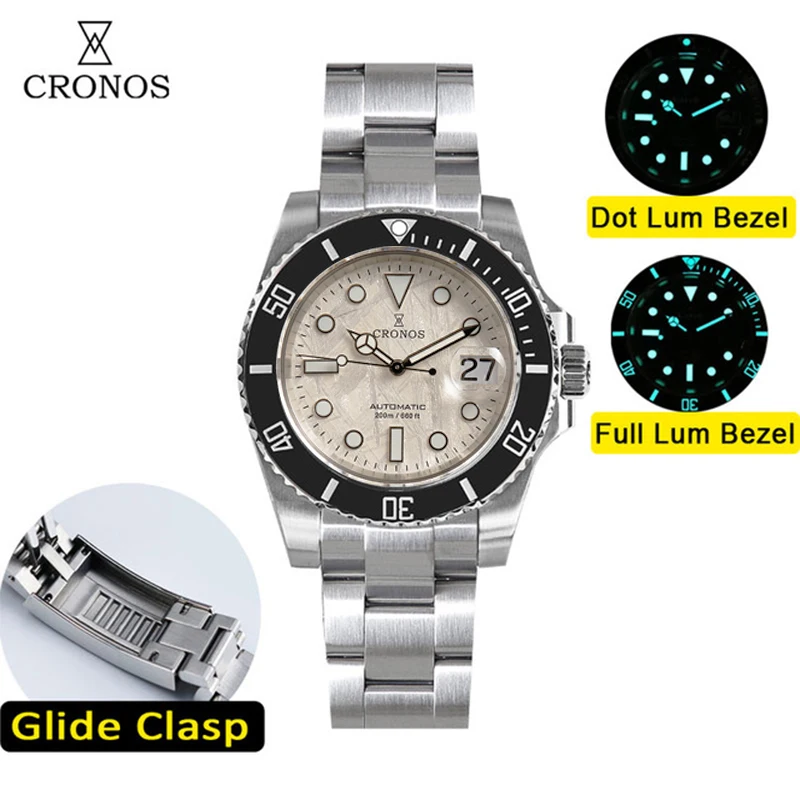 Cronos Sub Diver Men Watch Stainless Steel PT5000 Bracelet Ceramic Bezel 200 meters Water Resistant Glideclasp reloj hombre