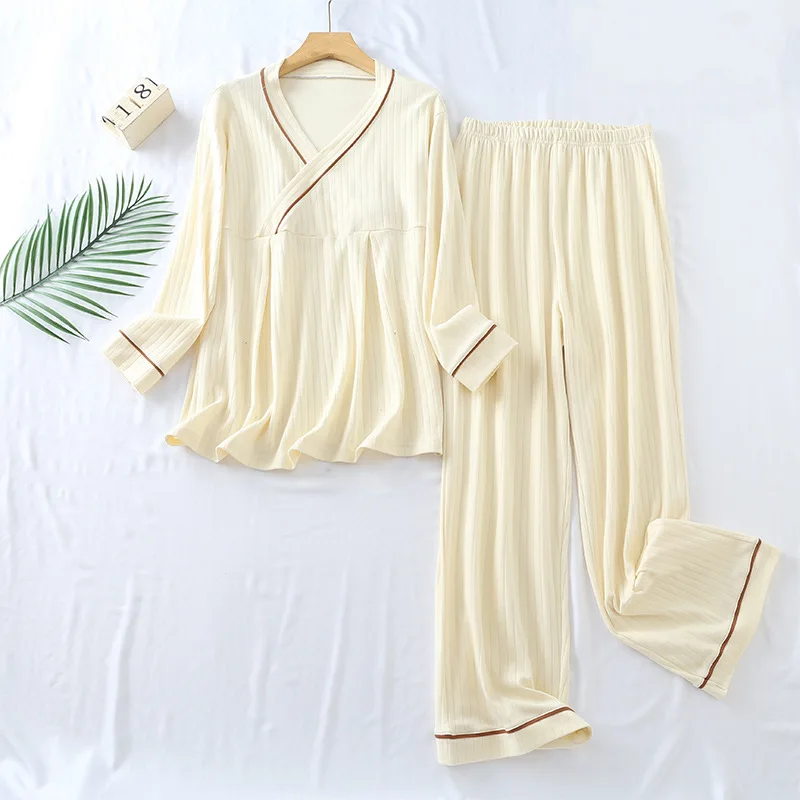 Korean Style Two Piece Set Cotton V-Neck Autumn Sleepwear For Women Nightwear Matching Pajamas Women's Nightie Underwear Set