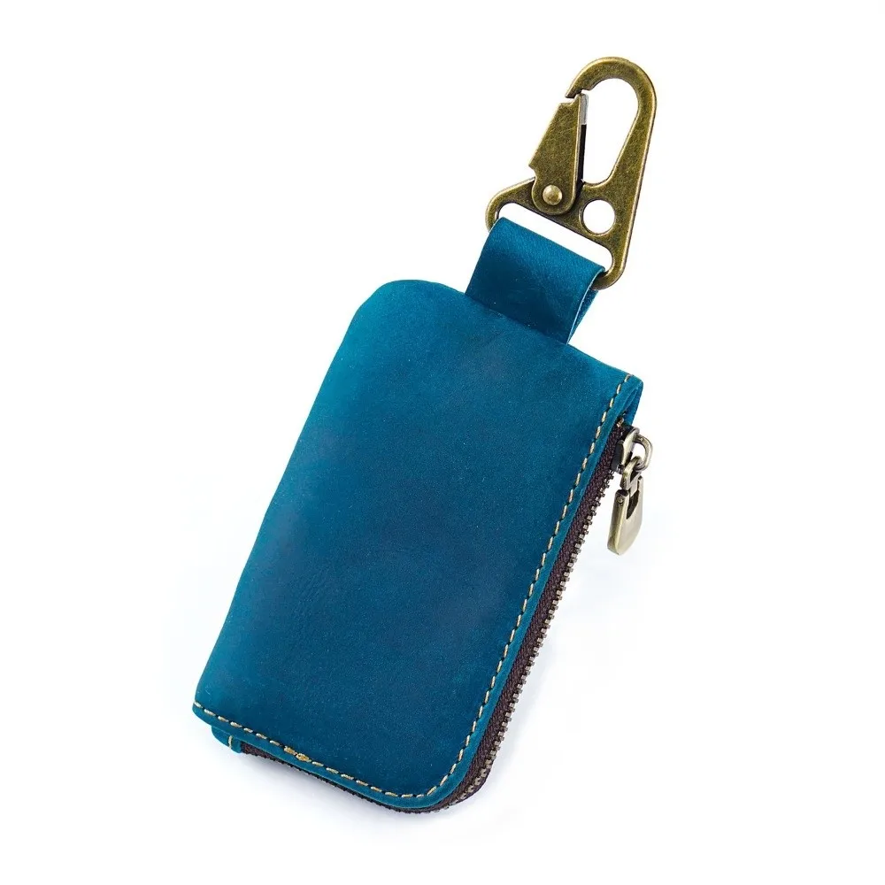

Genuine Cowhide Key Fob Holder Antique Brass Carabiner L-Shaped Zipper Crazy Horse Leather Wallet Scratch-Responsive Skin