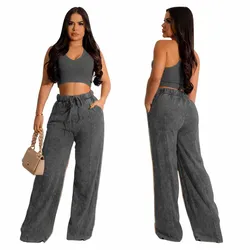 Fashion Women Wide Leg Pants Set with Knit V-neck Tank Matching Two 2 Piece Set Outfits 2024 Summer Active INS Tracksuit