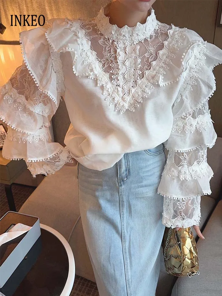 

Korean style Flare sleeve tops women 2025 New arrival Fashion Lace patchwork hollow out shirt Female White Sexy INKEO 5T097
