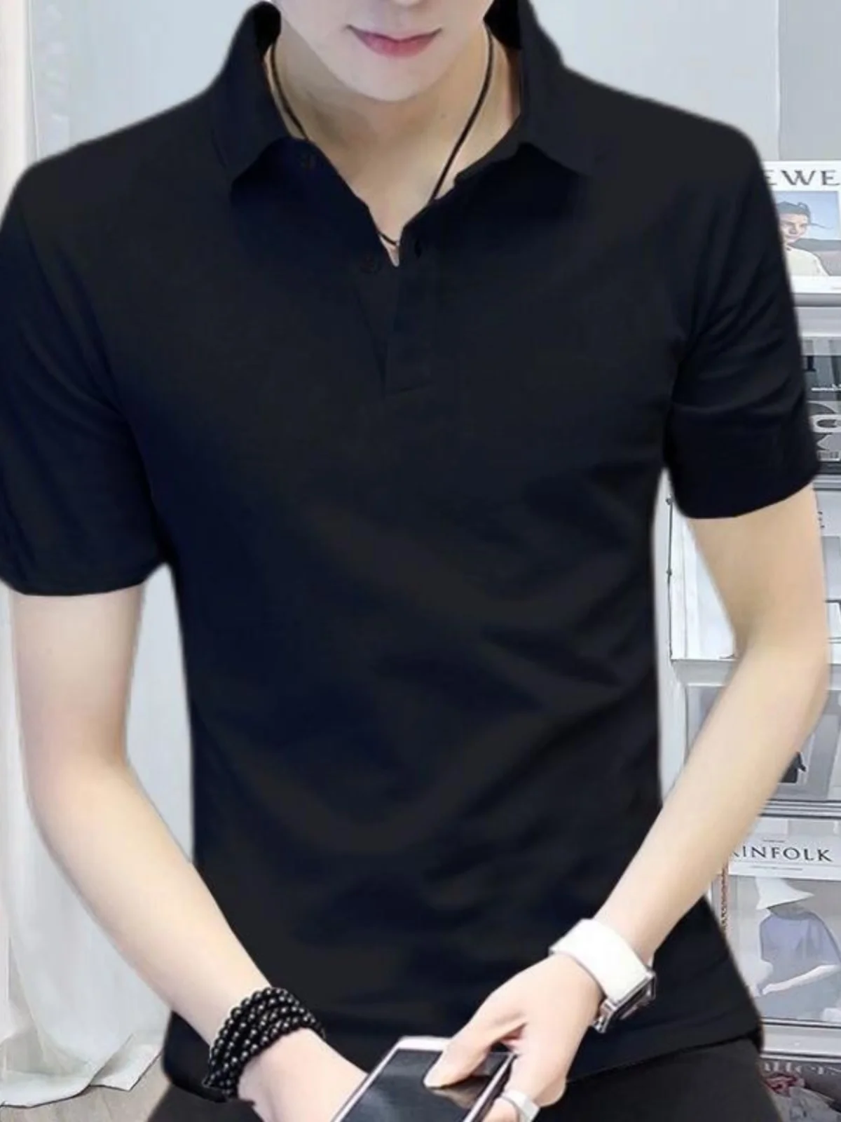 2024年夏-メンズ-スリムフィット-無地-シャツ-半袖-ビジネスカジュアル-コットン-ハーフスリーブ-tシャツ-襟ピン