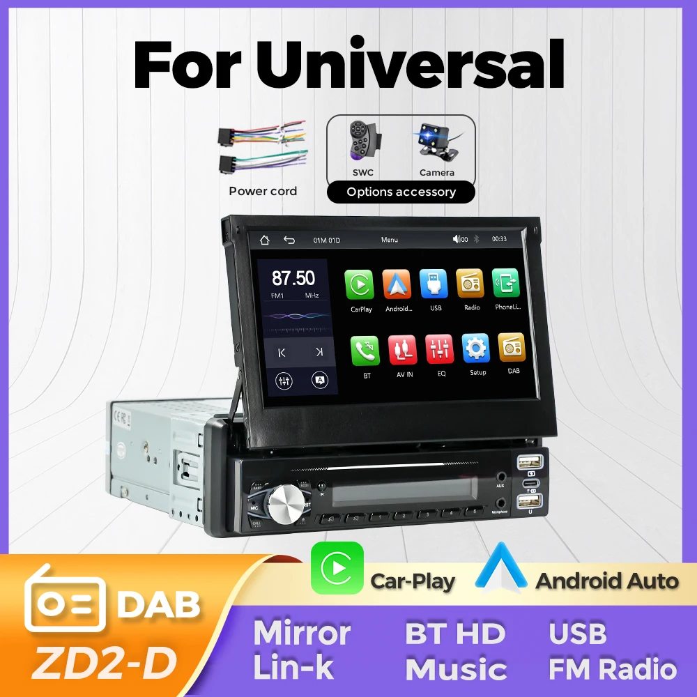 

1Din 7 "автоматический выдвижной экран автомобильный мультимедийный видеоплеер беспроводной CarPlay Android Auto зеркальная ссылка встроенный AUX DAB авторадио