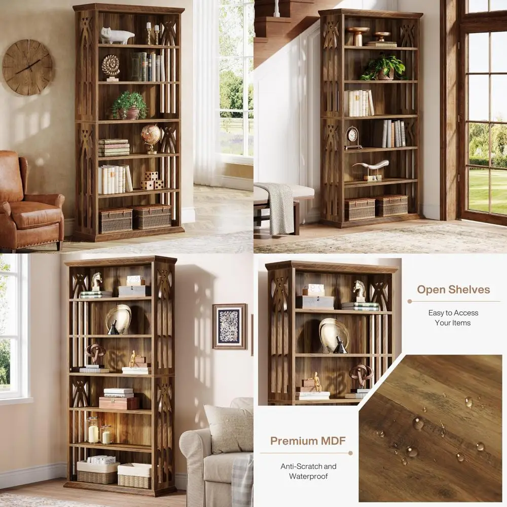 "رف كتب خشبي قائم بذاته بطول 6 طبقات و75 بوصة لعرض غرفة المعيشة" #1