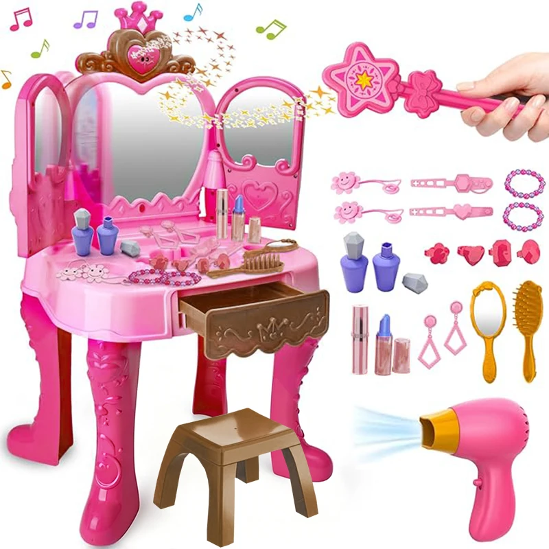 Inductive Door-Opening Vanity Table with Rich Accessories Light Music Makeup Hair Styling Kit Role Play Toys Children Girls Gift