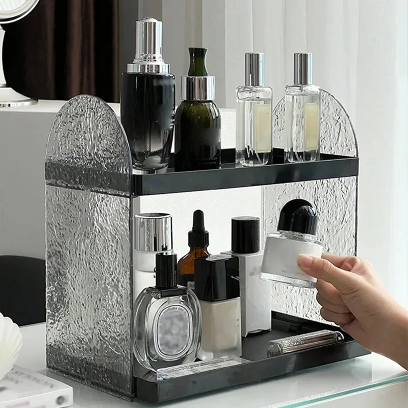 2 Tier Makeup Organizer, Aesthetic Acrylic Desktop Storage Shelf for Cosmetics, Ins Style Vanity Bathroom Organizer Display Rack