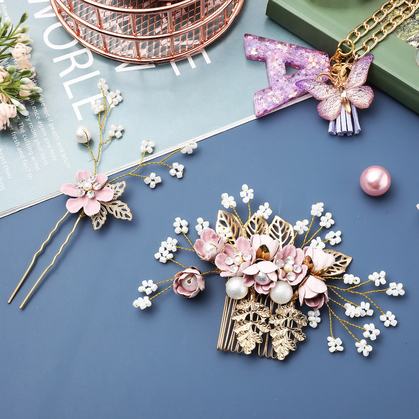 

1 комплект, заколки для волос с цветочным принтом, стразы, жемчуг, свадебные головные уборы, женские свадебные аксессуары, декоративные боковые расчески, боковые расчески для волос с цветами