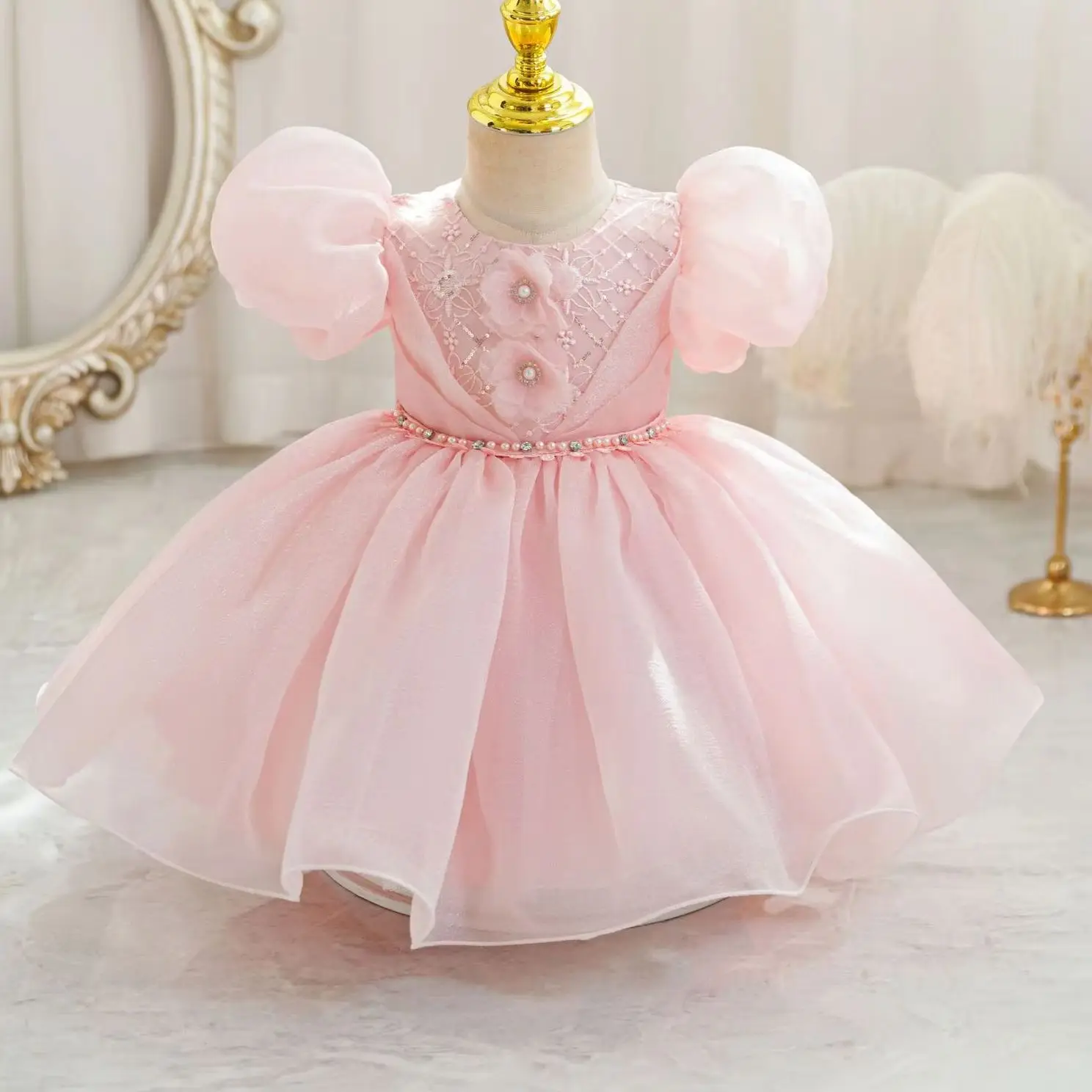 Vintage Baby Girl Party Dress Kid Girls' Dresses Embroidery Beading Puffy Girly Clothes Ball Gown