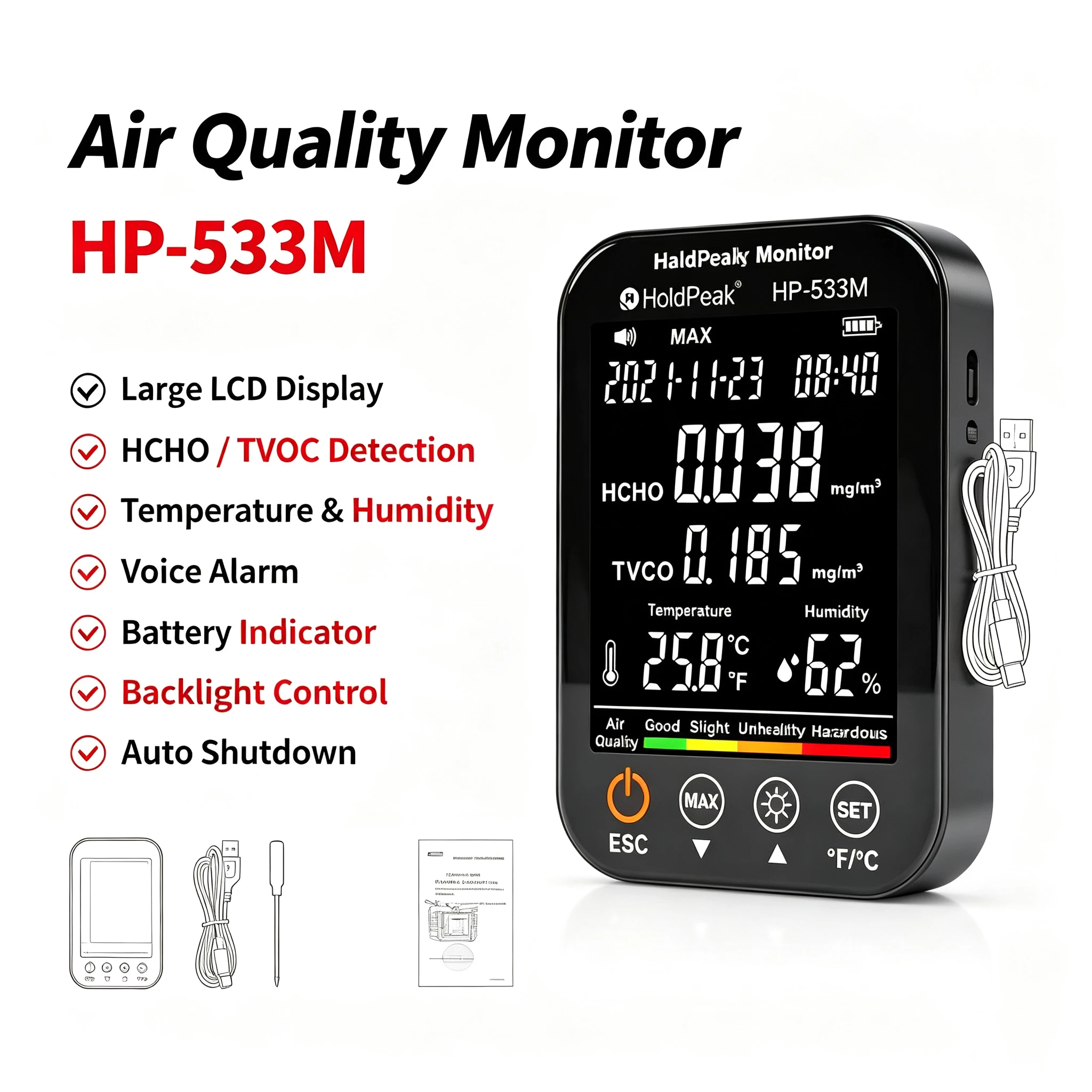 HoldPeak HP-533M HCHO TVOC Formaldehyde Detector 2000mAh Temp Humidity Tester 96 Data Storage Auto Off Indoor Blue Monitor