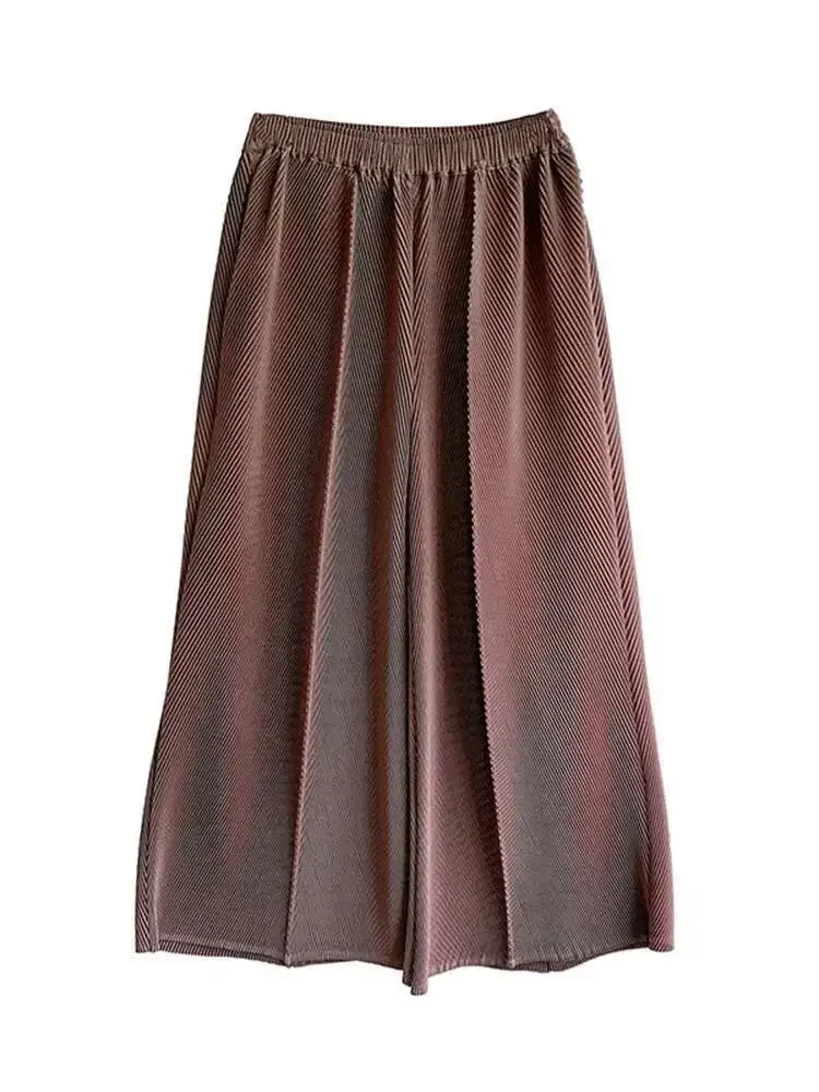 موضة عادية مطوي بنطال ذو قصة أرجل واسعة المرأة عالية مرونة الخصر مصمم موضة بنطلون المرأة مياكي 2025 صيف جديد