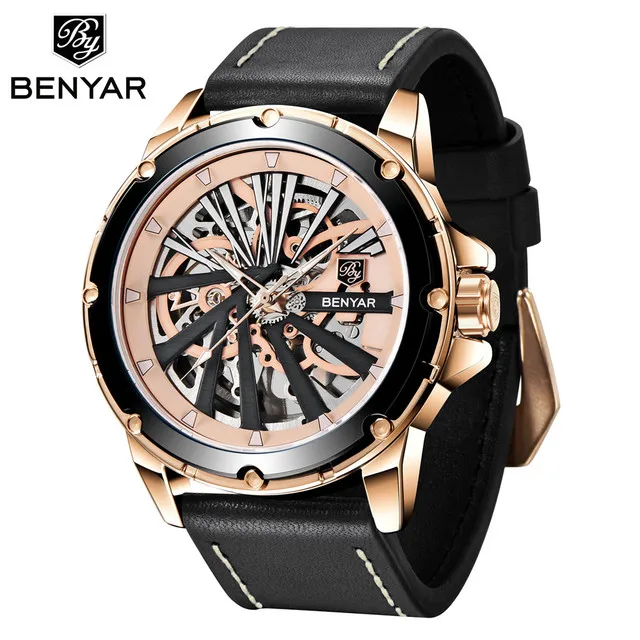 Benyar 5173 Fashion Simple Design Men's Automatic Mechanical Casual Watches Waterproof Double-sided Hollow Gavenew Wheel Watch