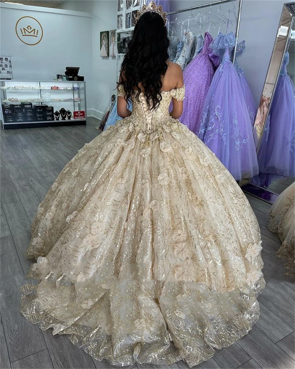 Haute Couture Charming Champagne Princess Ball Gown Quinceanera Dress Off Shoulder Appliques Beads Sweet Sequins Dress