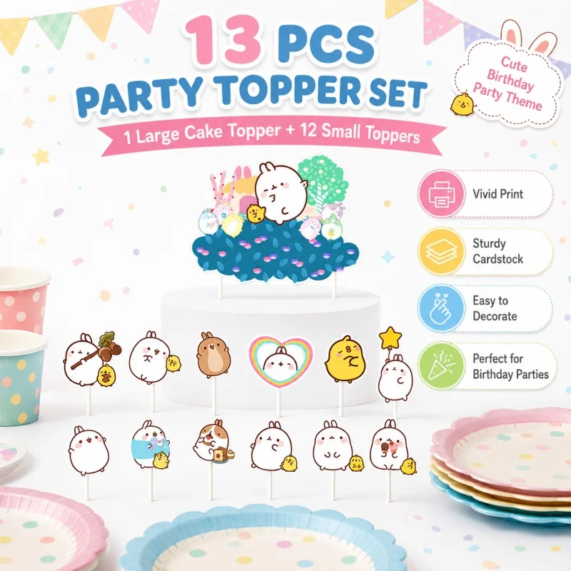 Molang Kombinations-Partydekoration für Geburtstagsfeiern, Einweg-Set für Themenfeiern im Innen- und Außenbereich, Niedlicher Hase – Detail 3