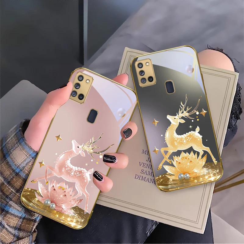 غزال ذهبي رائع لهاتف سامسونج A 31 32 A33 A34 35 14 A15 13 A16 25 A26 50 52 53 54 55 56 70 71 72 73 حافظة هاتف زجاجية ذهبية