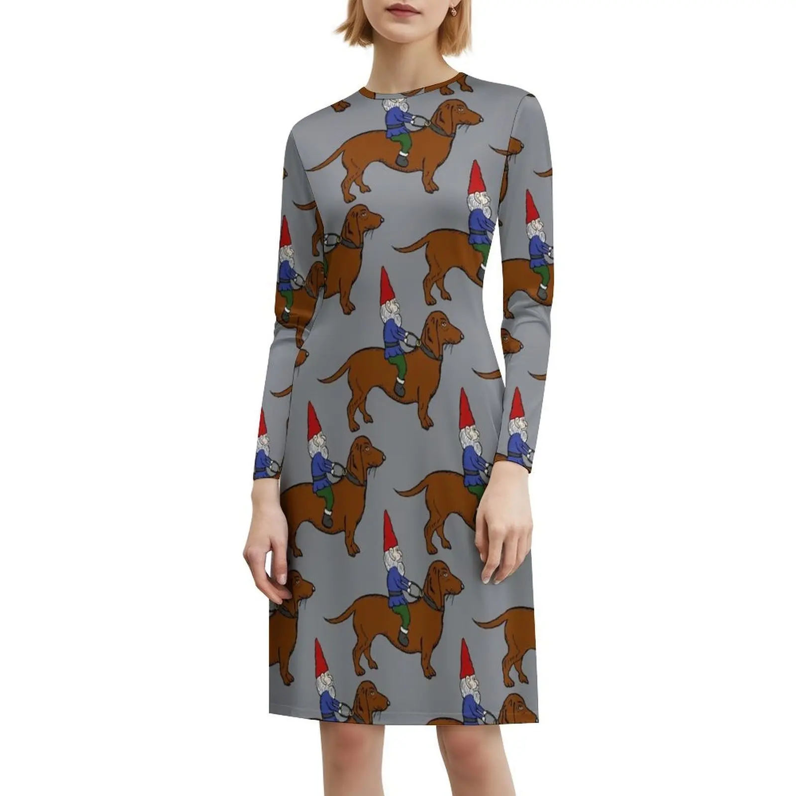 فستان Gnome Riding A Dachshund بنمط رمادي خلفية على طراز Preppy فستان قصير للنساء على شكل حرف a فضفاض مناسب فستان يوم غير رسمي لـ Doxie #6