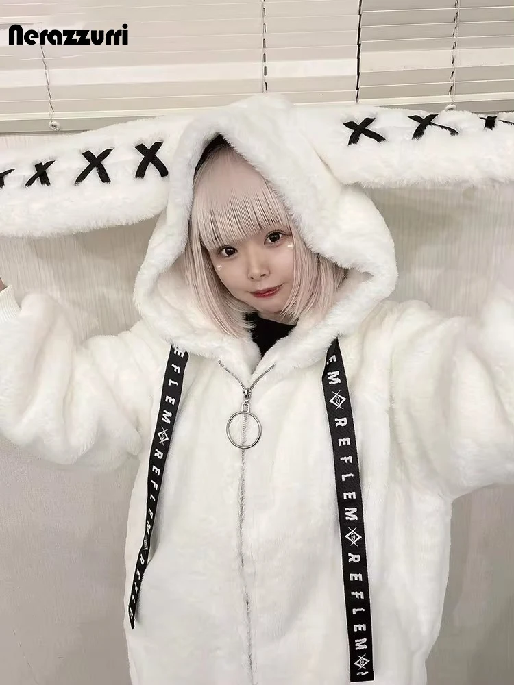 Nerazzurri Winter Sweet Cute Kawaii Soft Thick Warm White Faux Fur Coat Women with Bunny Ears Cute Fluffy Jacket Hoodie 2024