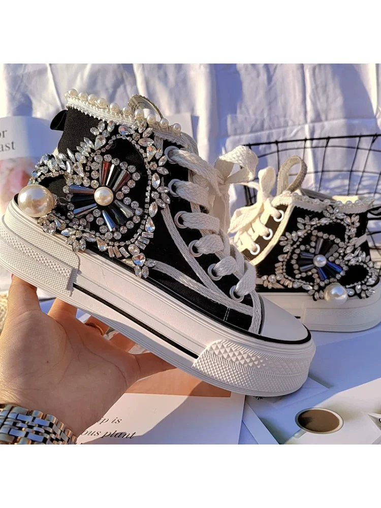 Thick Soled Strap Black/white Contrasting Women's Shoes Heavy-duty Luxury Diamond Studded Tassel Sports Canvas Women's Shoes