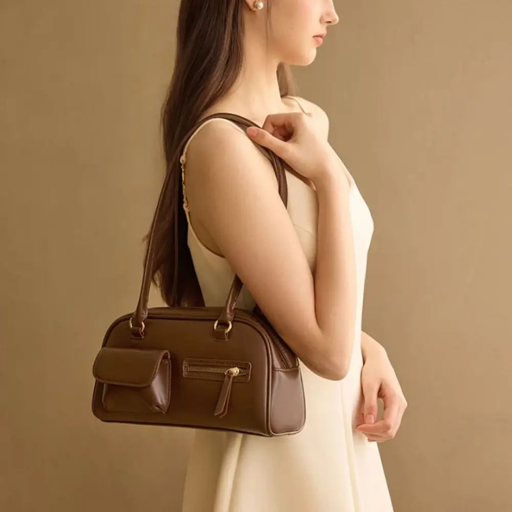 

Mini Korean Style Large-Capacity Bag Handbag Solid Color Zip Design Bag Minority Design French Style Retro Bag Travel