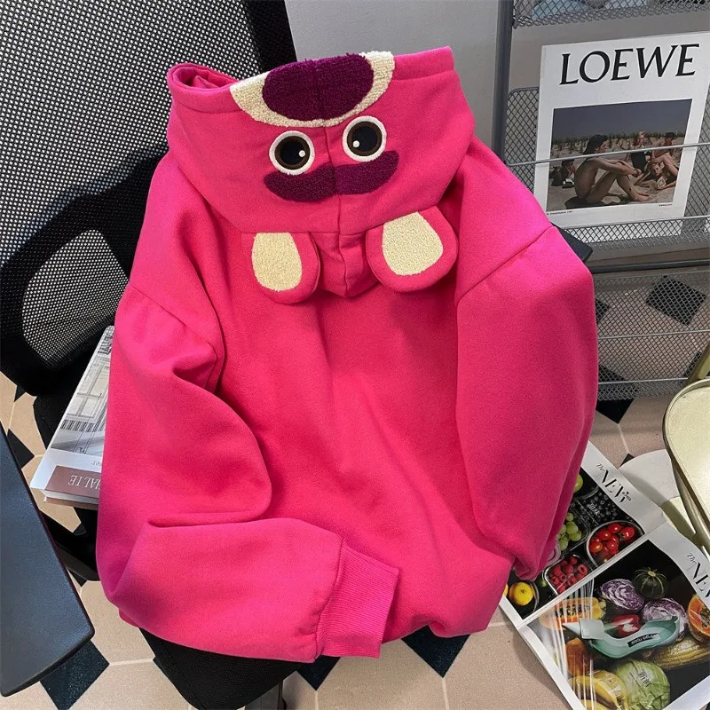 Disney Toy Story Lotso Cartoon Cute Hooded Sweatshirt Creative Kawaii Anime Peripheral Plus Velvet Thickened Loose Girl Jacket