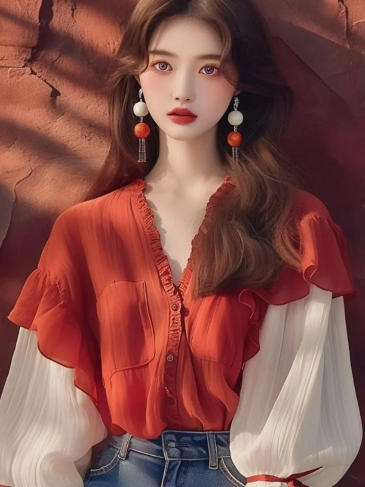 

Red V-Ne Bubble Sve irt Women's Early Autumn High-End Unique Sunade Cover up Top Buttoned Loose Fit Long Sve