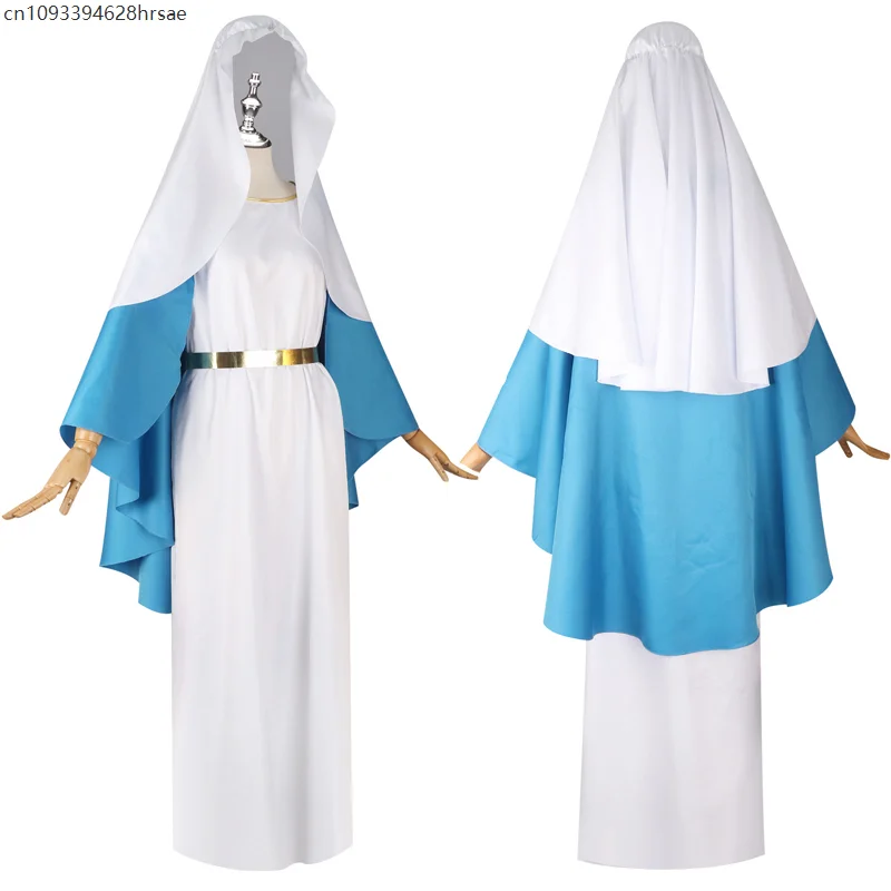 

Medieval Virgin Robe Cosplay Costumes Blue White Nun Adult Role Role-playing Women Priest Suit With Waist Ornament Headdress