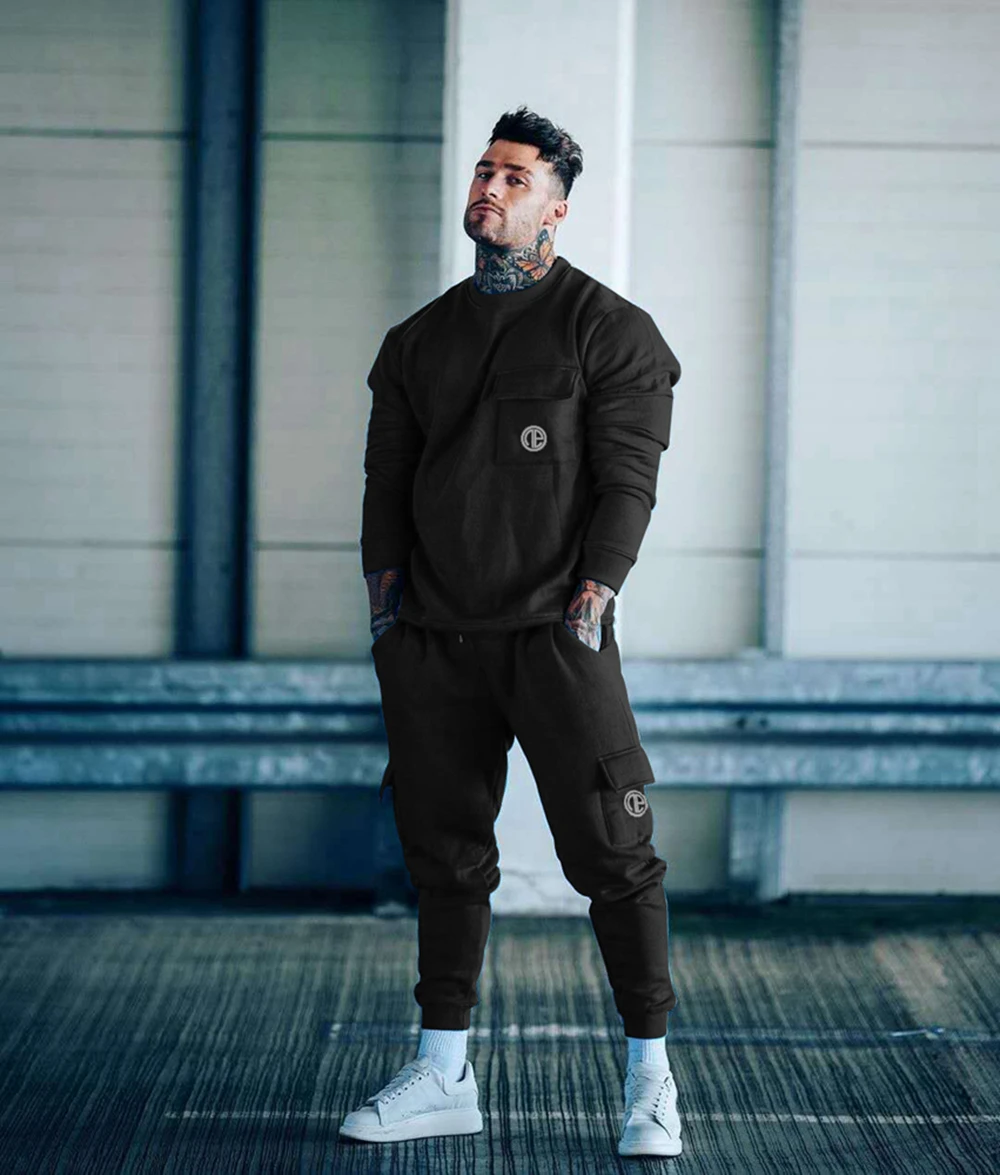 Mens Cotton Training Suits Gym Fitness Blue Kits Sportswear Hoodie Sports Pullover Hooded Jogging Sets Male Running Tracksuits