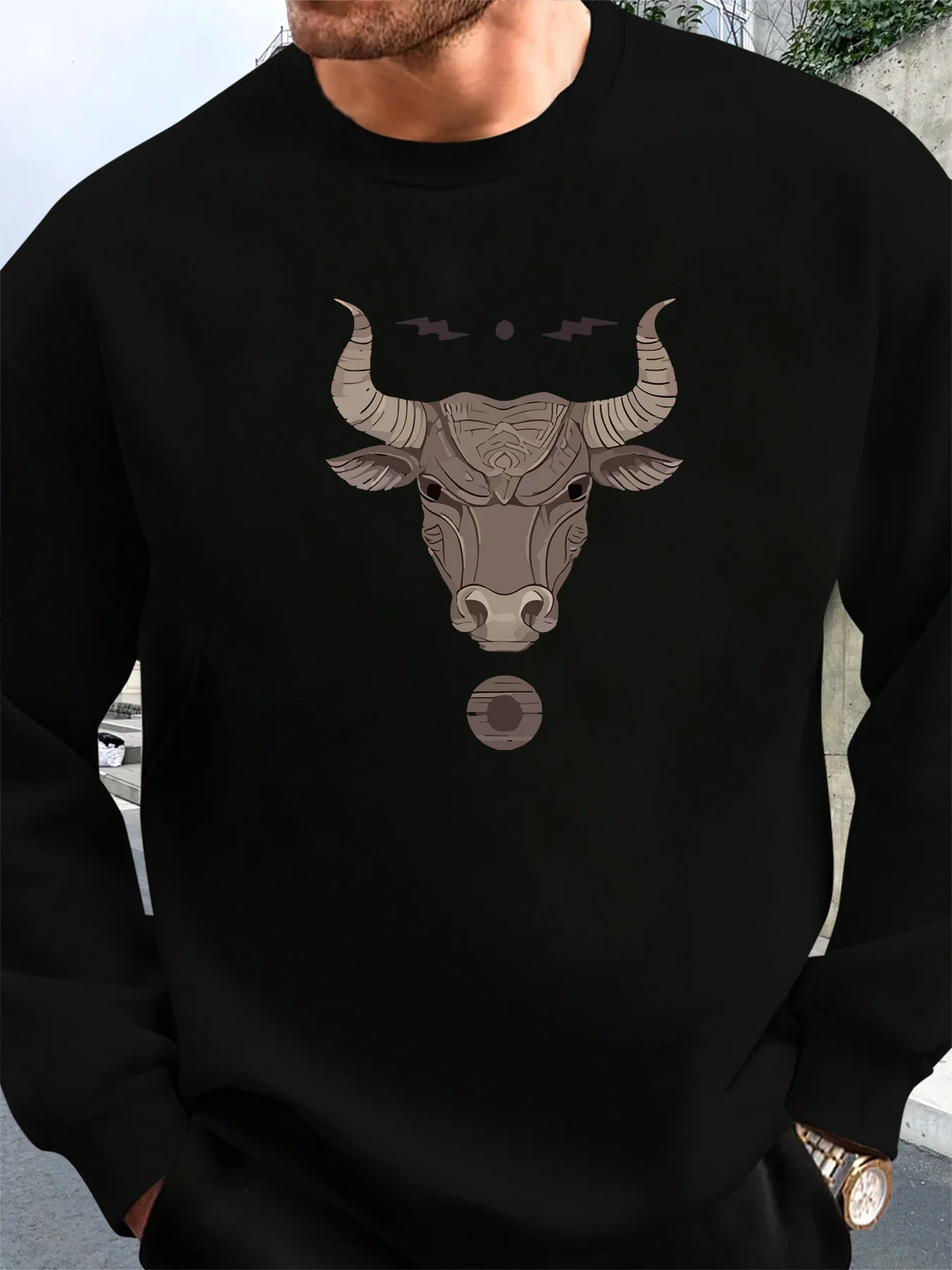 

Мужская повседневная толстовка с круглым вырезом и сложным принтом головы быка, свободный пуловер с длинными рукавами на весну