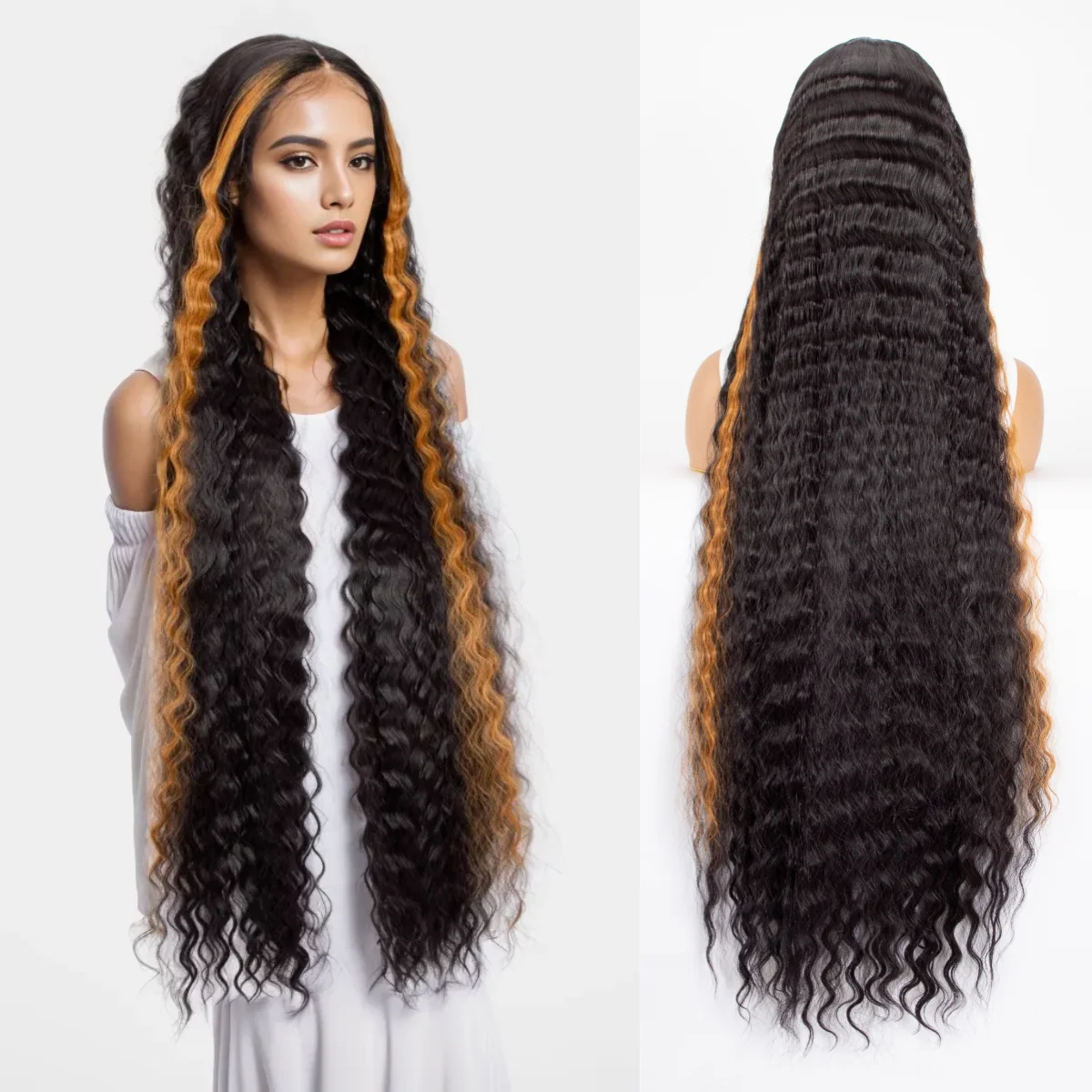 WIGERA-peruca sintética extra longa do laço da onda do corpo para mulheres, perucas onduladas encaracoladas profundas, destaques com cabelo do bebê, preto Ombre, 40"