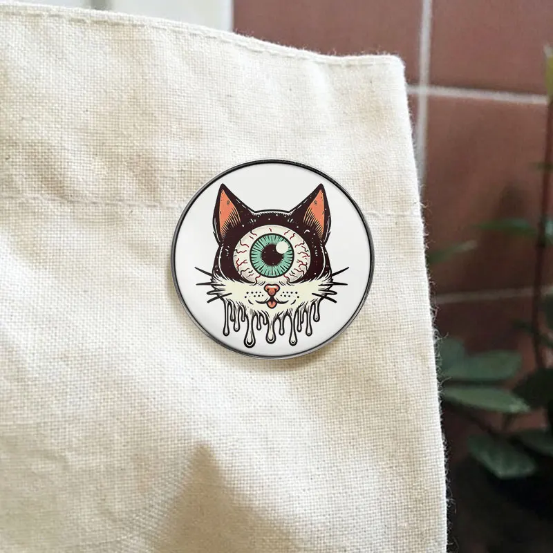 Funny Melting One Eyed Cat Head Surreal UV Printing Pin Trippy Psychedelic Art Brooch Backpack Lapel Badge Jewelry Gift