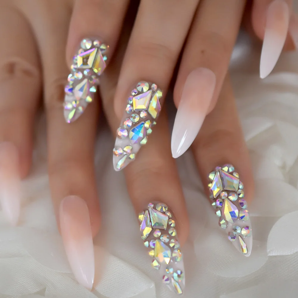 Luxury Fake Nails Designer Extra Long Ombre French Jewelry Pre-designed Nails Natural Stiletto Stones Decoration Tips