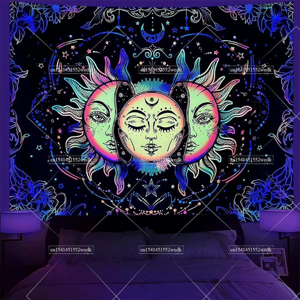 Sun And Moon Blacklight Tapestry For Bedroom Mandala Boho Flowers Wall Tapestry UV Reactive Neon Tapestries Glow In The Dark