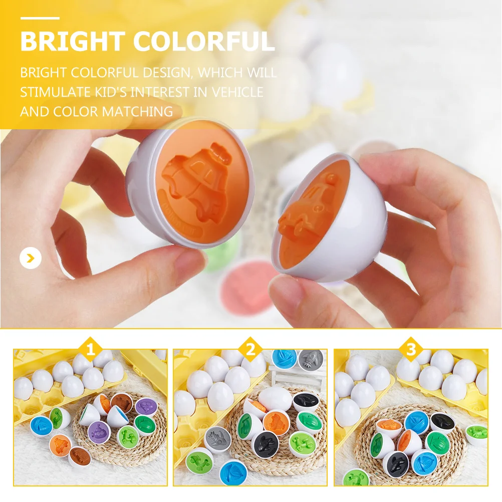 

12 шт., транспортировочные яйца, яркий цвет, игра для распознавания транспортных средств для детей, пластиковый обучающий игровой набор для познавательного развития