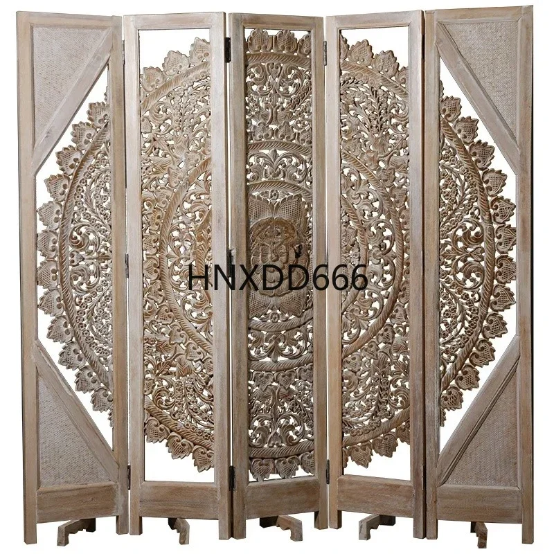 

Modern Minimalist Style Solid Wood Carved Mobile Accordion Partition Hallway Decoration Partition Retro Single-Sided Folding