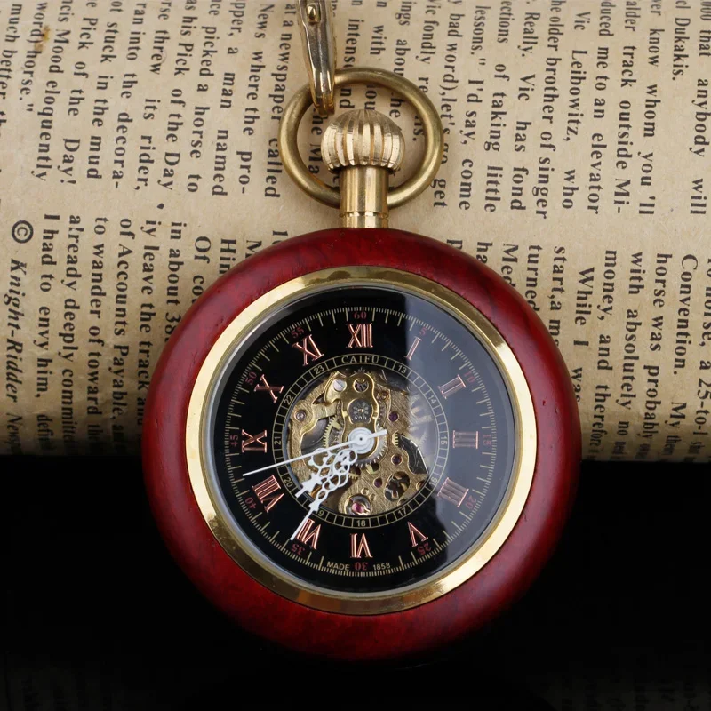 Vintage Mechanical Pocket Watch Wooden Roman Numerals Creative Carving Luxury Wood Watches Pendant Chain Male Clock Box Package