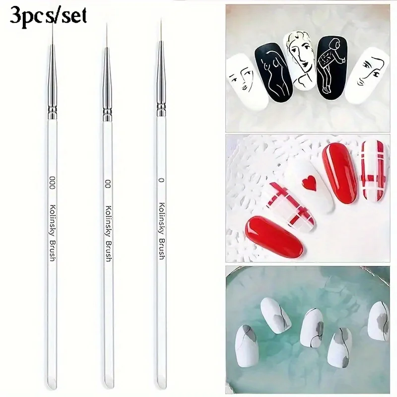 3Pcs/Set Crystal Fine Liner Brush Nail Art Striping Brushes Thin Line Nail Brush Detail Painting Pen Gel Nail Painting Tools