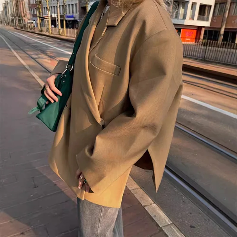 

Fashion Street Solid Color Loose Oversize Jacket Autumn Casual Lapel Long Sleeved Outwears Women Elegant Temperament Blazer Coat