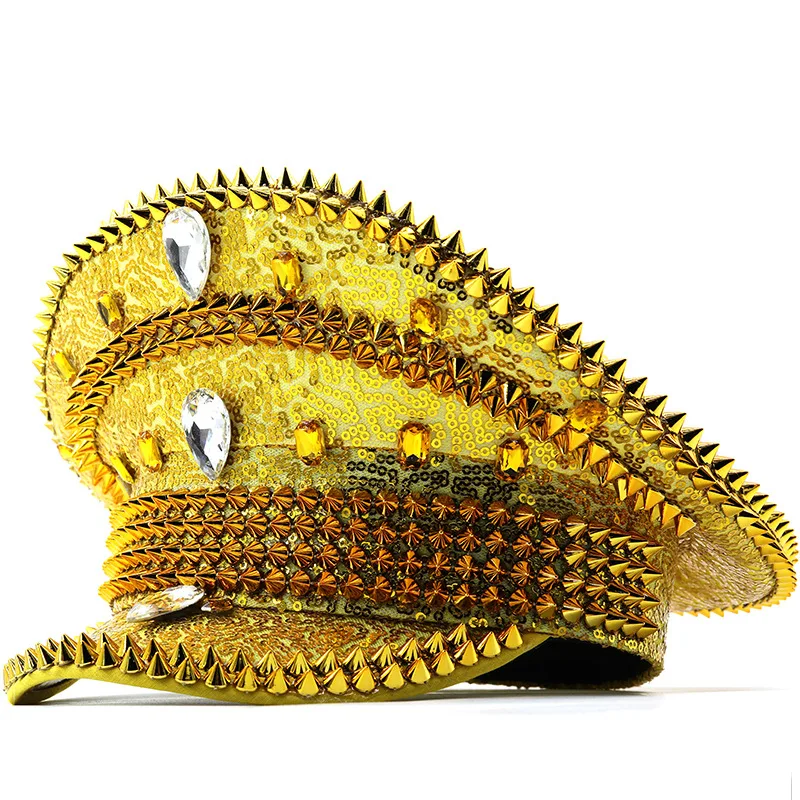 

Gold Sequin Festival Performance Hot Diamond Versatile Gold Inlaid Rhinestone Navy Hat Party Carnival Birthday Wedding Large Cap