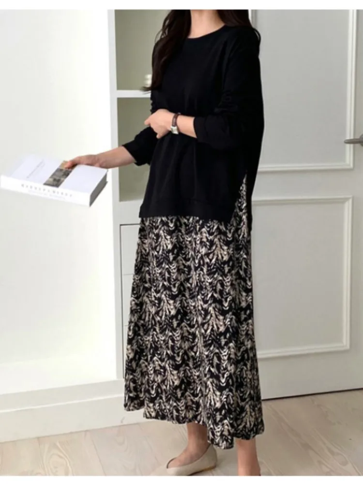 ربيع الخريف جديد فضفاض فساتين حريمي المرقعة كم طويل تي شيرت طباعة رداء وهمية قطعتين فستان طويل السيدات Vestidos