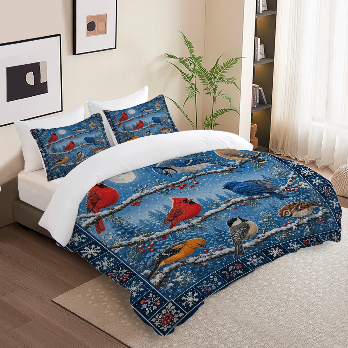 3PCS Winter Bird Duvet Cover Set,Wild Bird Snowy Forest Cabin Snowflake Printed Bedding Set With Pillowcases Soft No Comforter