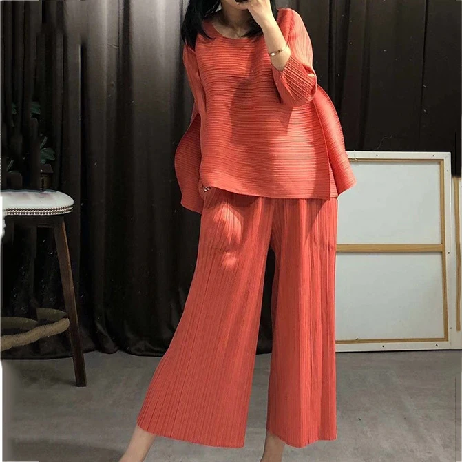 LANMREM 2024 new autumn 2 pieces set pleated O-neck three quarter sleeve pullover loose T-shirt female loose wide leg pants WG95