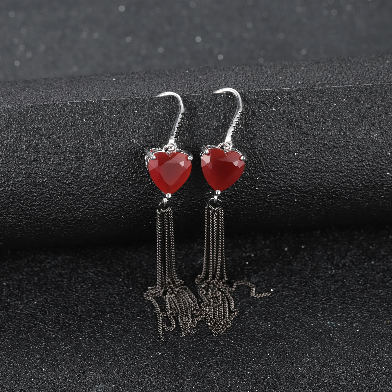 GEM'S BEAUTY Original Design Heart Earrings with Tassels 925 Sterling Silver Natural Red Agate Drop Earrings Love Token Jewelry