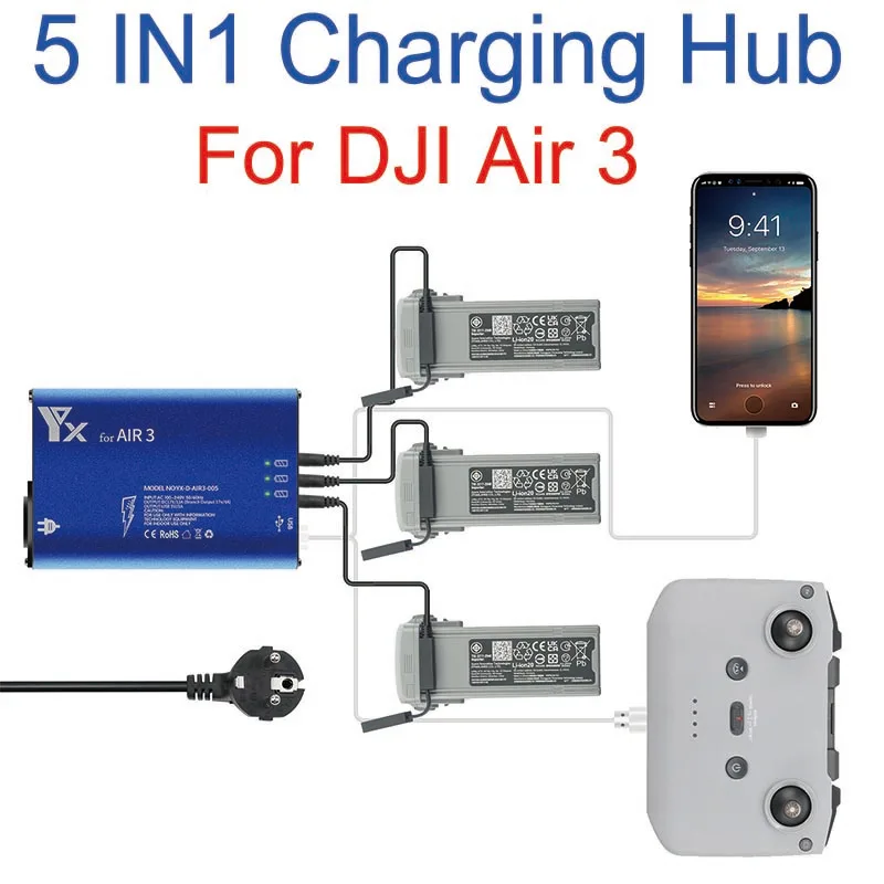 5 in 1 Battery Charger Hub For DJI AIR 3/3S Drone Remote Controller SmartPhone Charging Hub Intelligent Rapid Charger