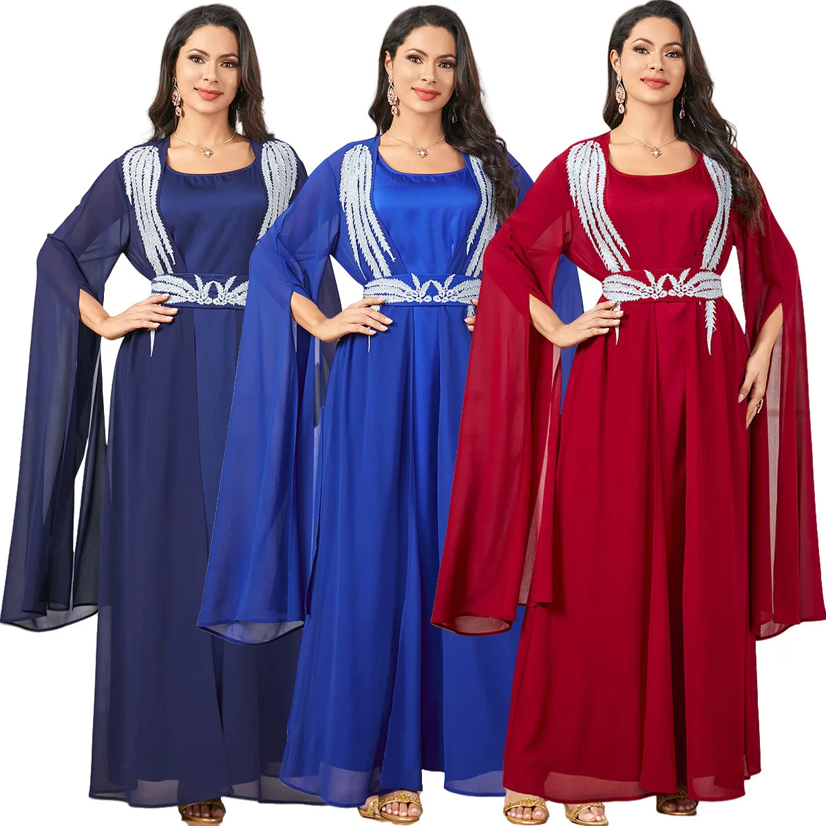 Caftán bordado de gasa de manga larga para mujer, conjunto de vestido interior de Abayas, Kimono abierto, Dubai, Turquía, marroquí, Islam, Jalabiya, Eid Mubarak